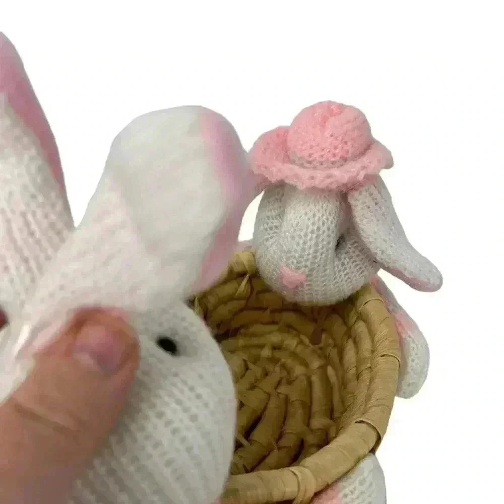 VINTAGE EASTER RATTAN WEAVED BASKET PLUSH KNIT BUNNIES HOLDING BASKET 6” - Picture 9 of 12
